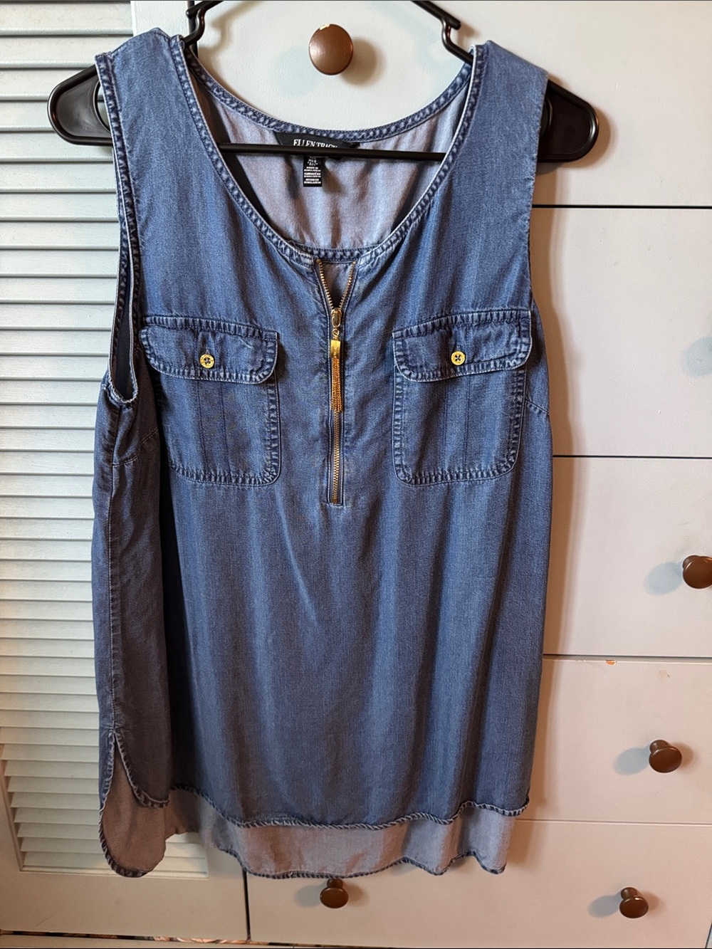 Ellen Tracy Denim-Effect Sleeveless Tank with Gold Zip